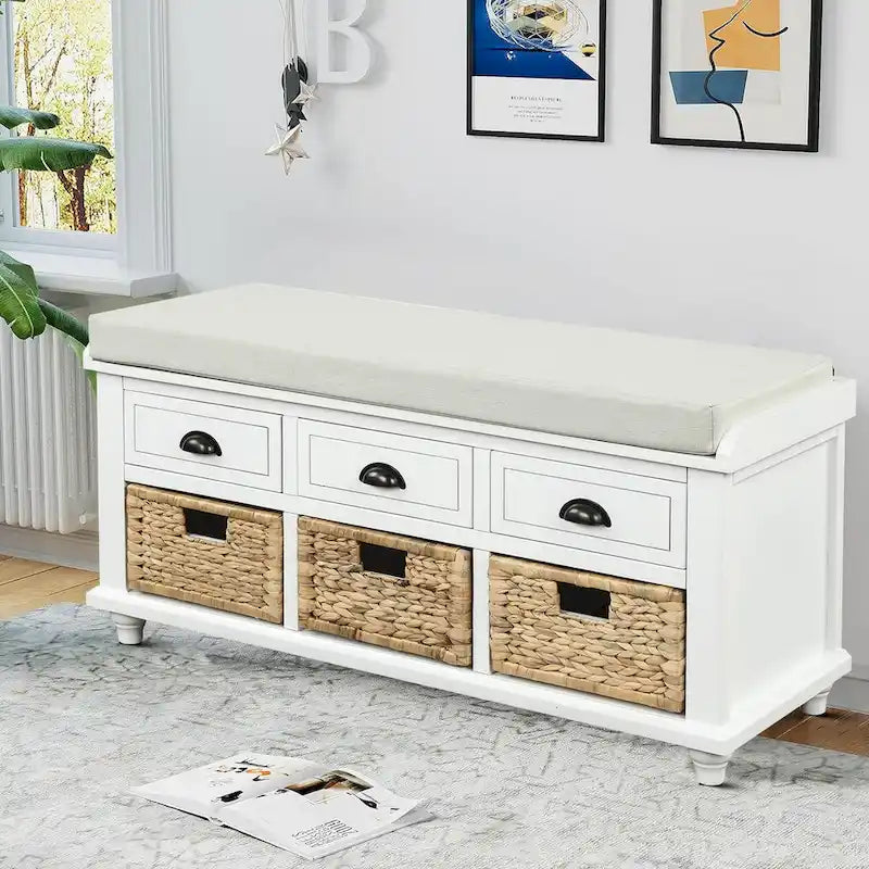 Wood Storage Bench with 3 Rattan Baskets and Removable Cushion, Navy Blue