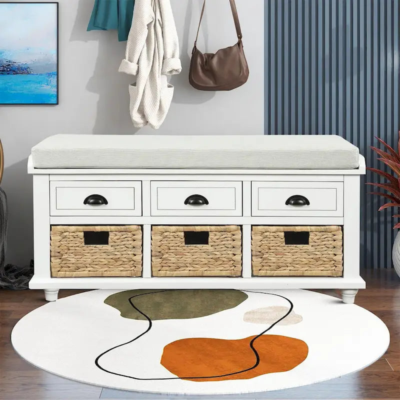 Wood Storage Bench with 3 Rattan Baskets and Removable Cushion, Navy Blue