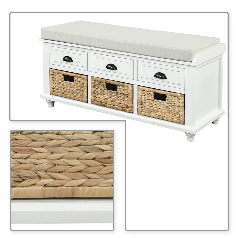 Wood Storage Bench with 3 Rattan Baskets and Removable Cushion, Navy Blue