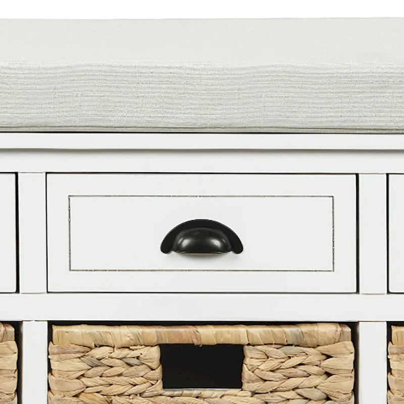 Wood Storage Bench with 3 Rattan Baskets and Removable Cushion, Navy Blue