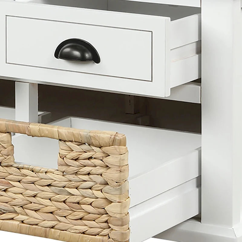 Wood Storage Bench with 3 Rattan Baskets and Removable Cushion, Navy Blue