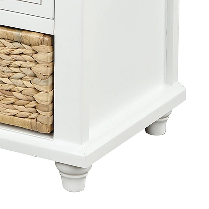 Wood Storage Bench with 3 Rattan Baskets and Removable Cushion, Navy Blue