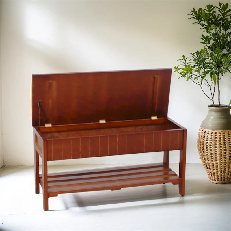 Entryway Storage Bench Solid Wood Flip Top Slatted Shelf Cherry