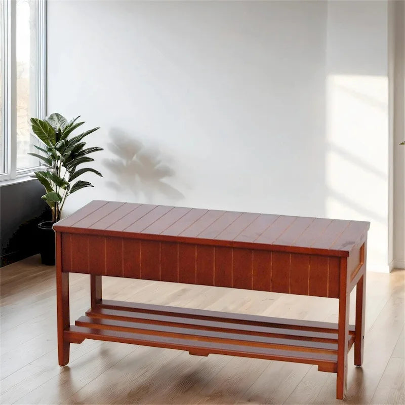 Entryway Storage Bench Solid Wood Flip Top Slatted Shelf Cherry