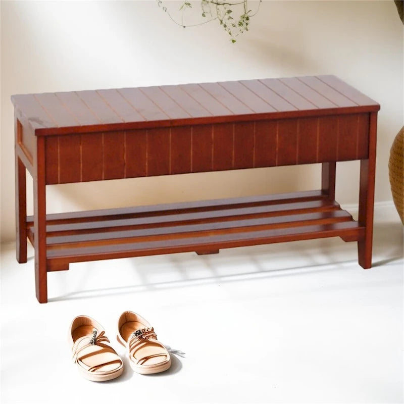Entryway Storage Bench Solid Wood Flip Top Slatted Shelf Cherry