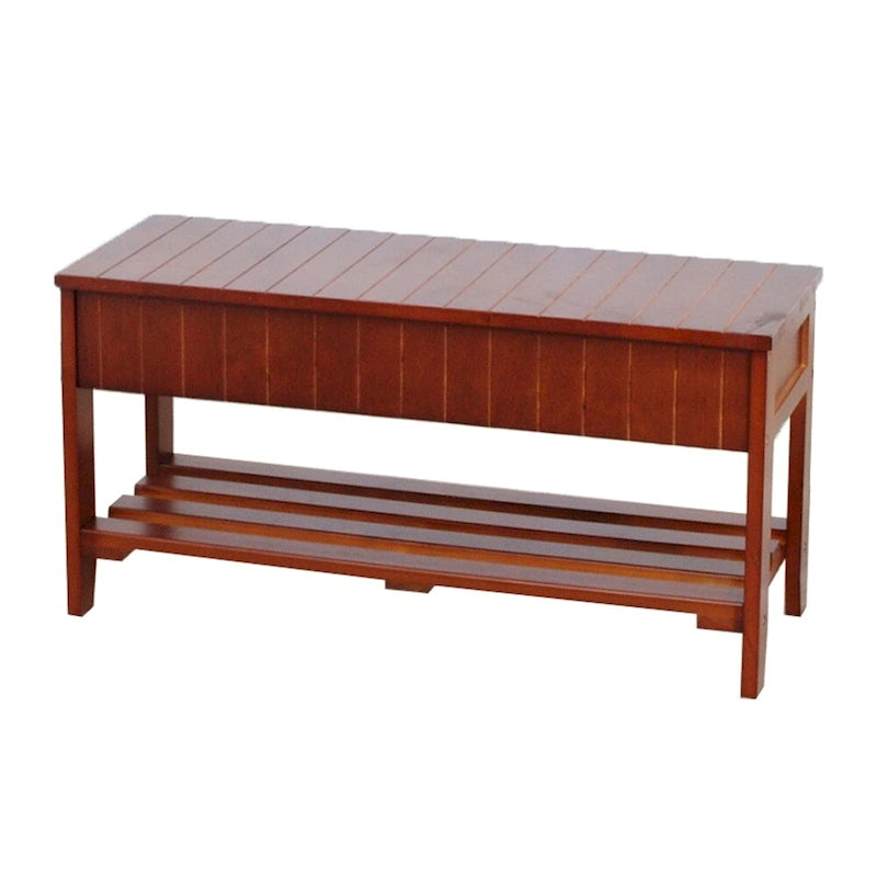 Entryway Storage Bench Solid Wood Flip Top Slatted Shelf Cherry