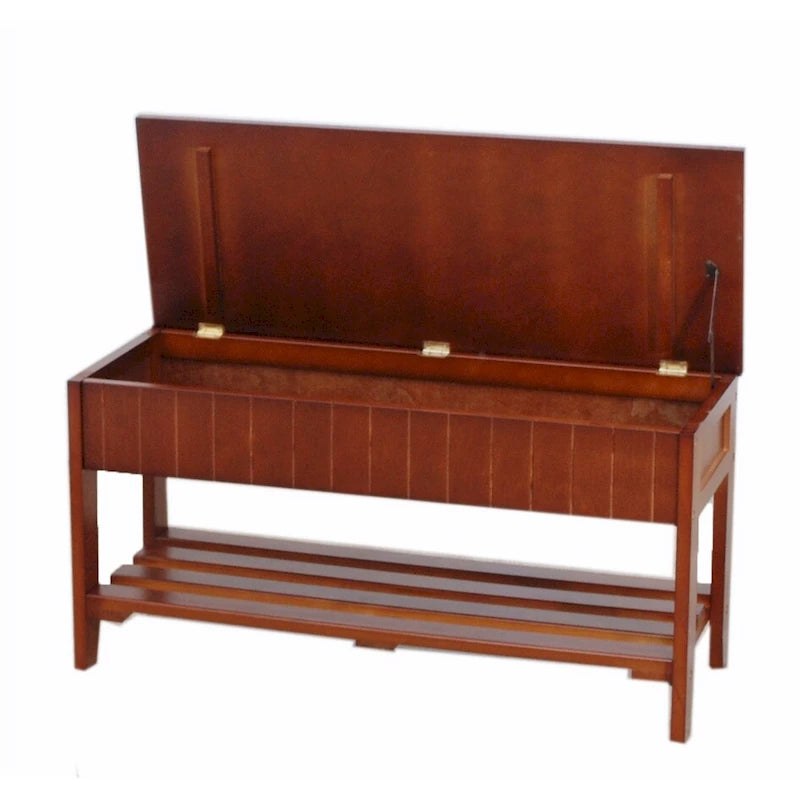 Entryway Storage Bench Solid Wood Flip Top Slatted Shelf Cherry