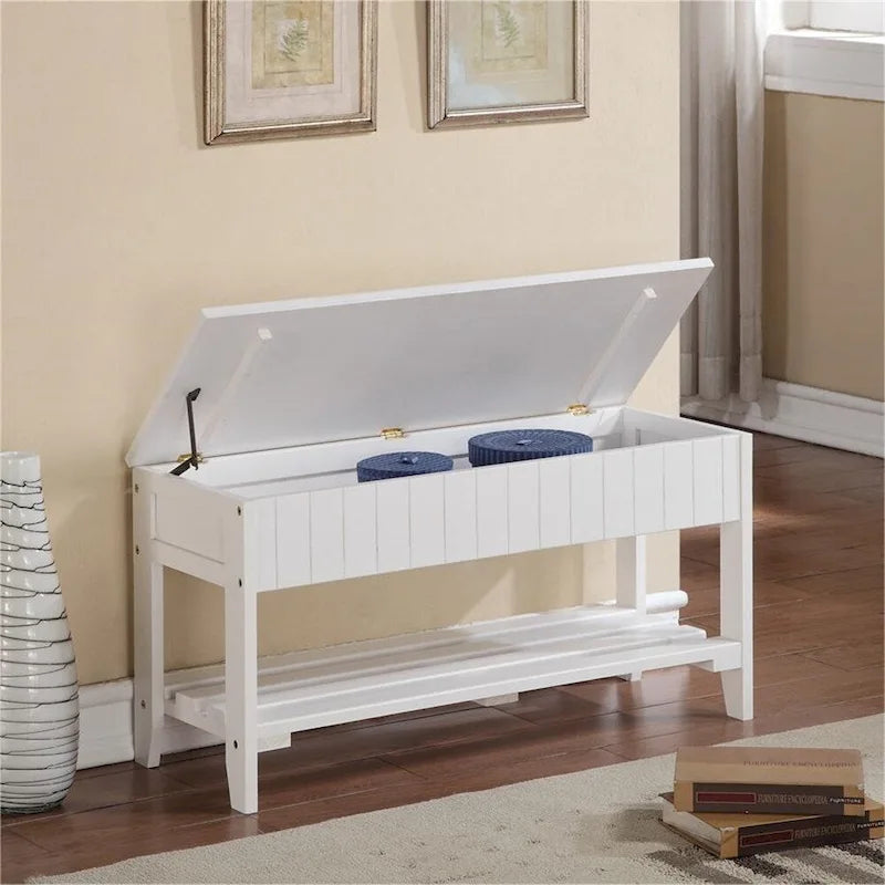 Entryway Storage Bench Solid Wood Flip Top Slatted Shelf Cherry