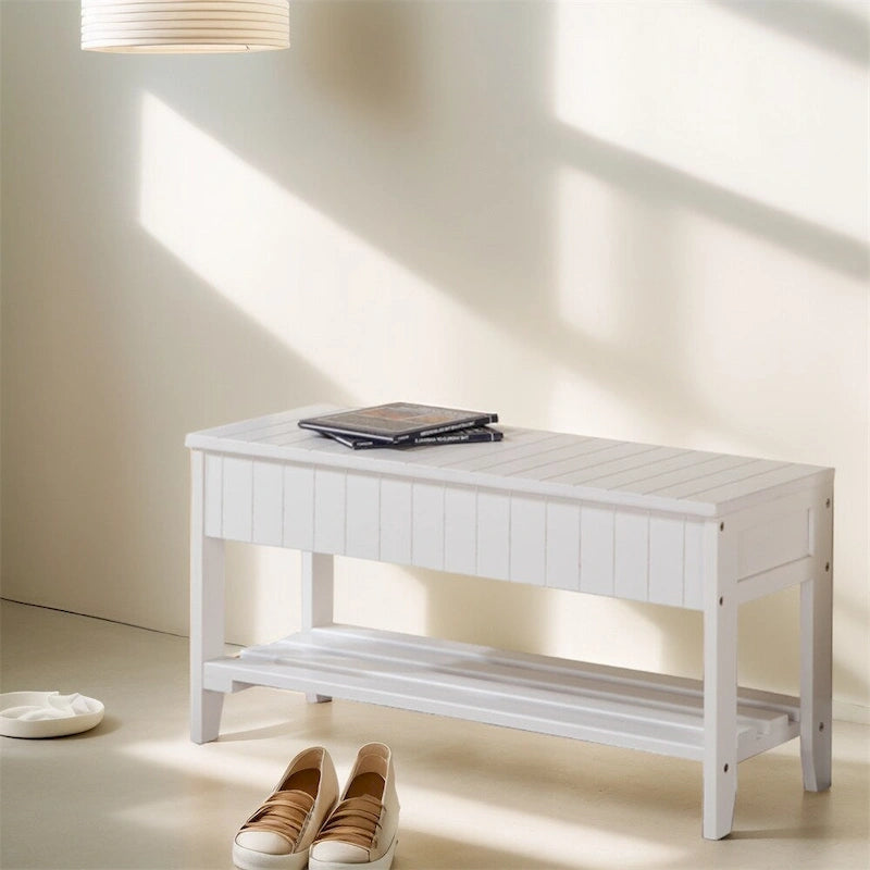 Entryway Storage Bench Solid Wood Flip Top Slatted Shelf Cherry