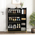 Black Flip Door Shoe Cabinet with Open Shelves and Metal Base
