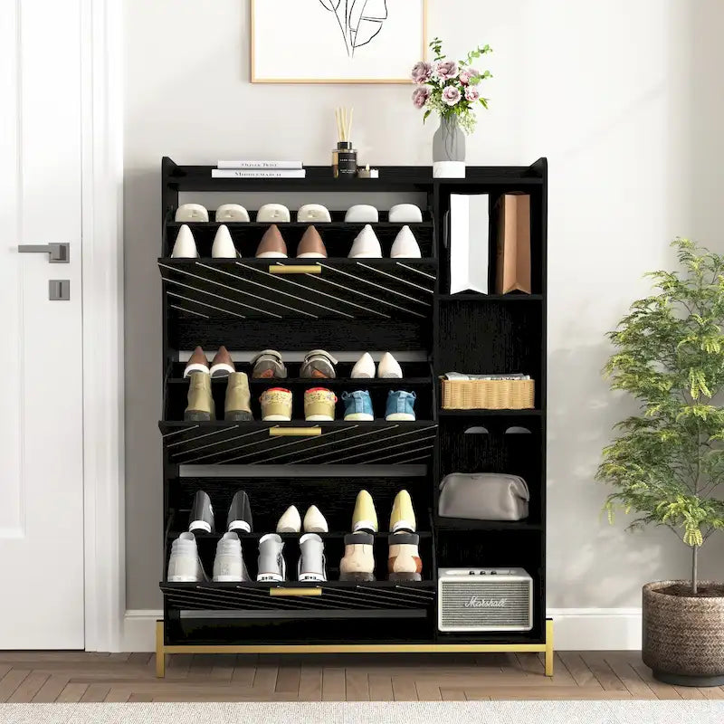 Black Flip Door Shoe Cabinet with Open Shelves and Metal Base
