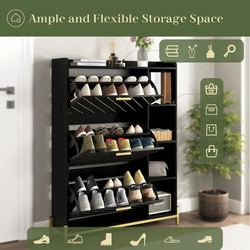 Black Flip Door Shoe Cabinet with Open Shelves and Metal Base