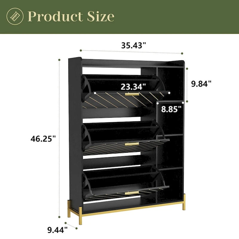 Black Flip Door Shoe Cabinet with Open Shelves and Metal Base