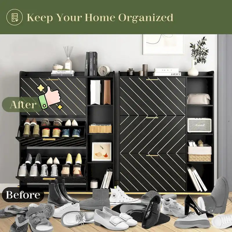 Black Flip Door Shoe Cabinet with Open Shelves and Metal Base