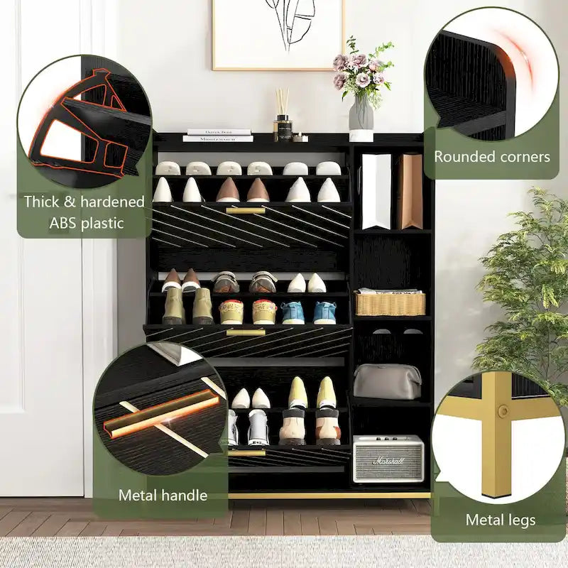 Black Flip Door Shoe Cabinet with Open Shelves and Metal Base
