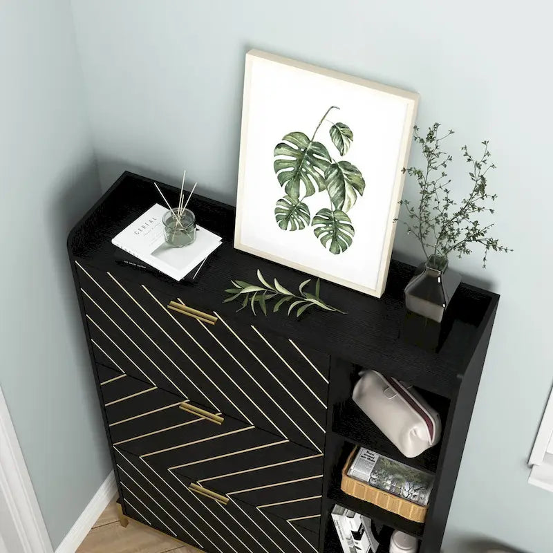 Black Flip Door Shoe Cabinet with Open Shelves and Metal Base