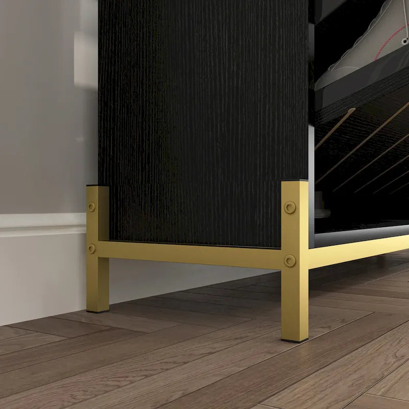 Black Flip Door Shoe Cabinet with Open Shelves and Metal Base