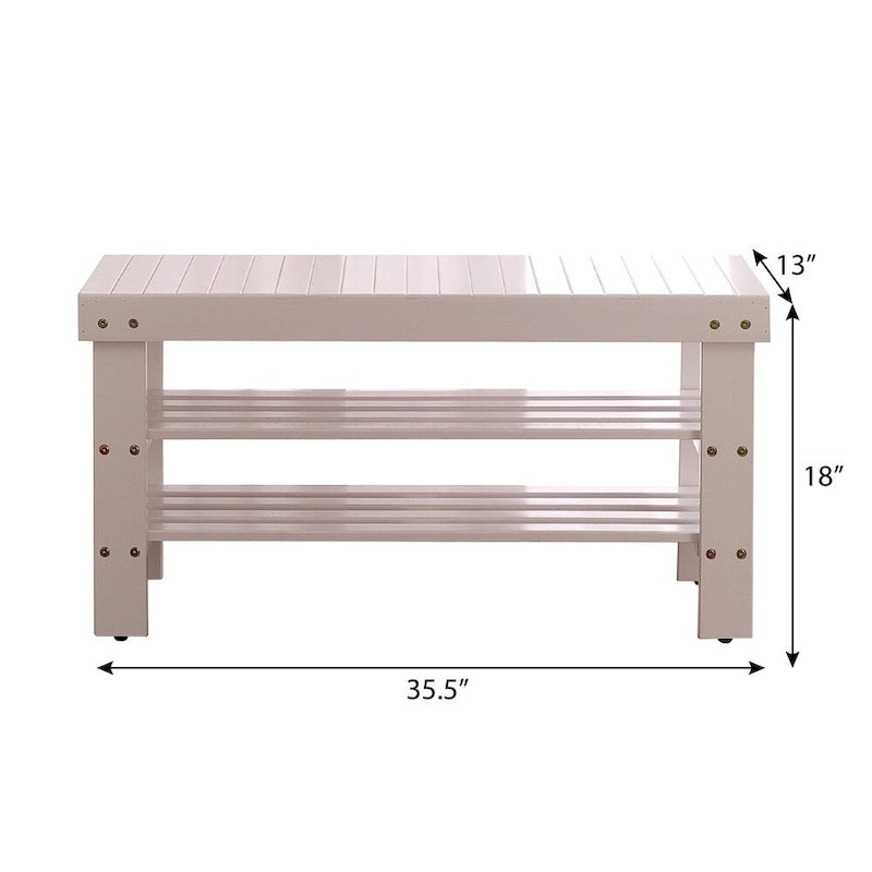 Cherry Finish Solid Wood Shoe Bench with Storage Shelves