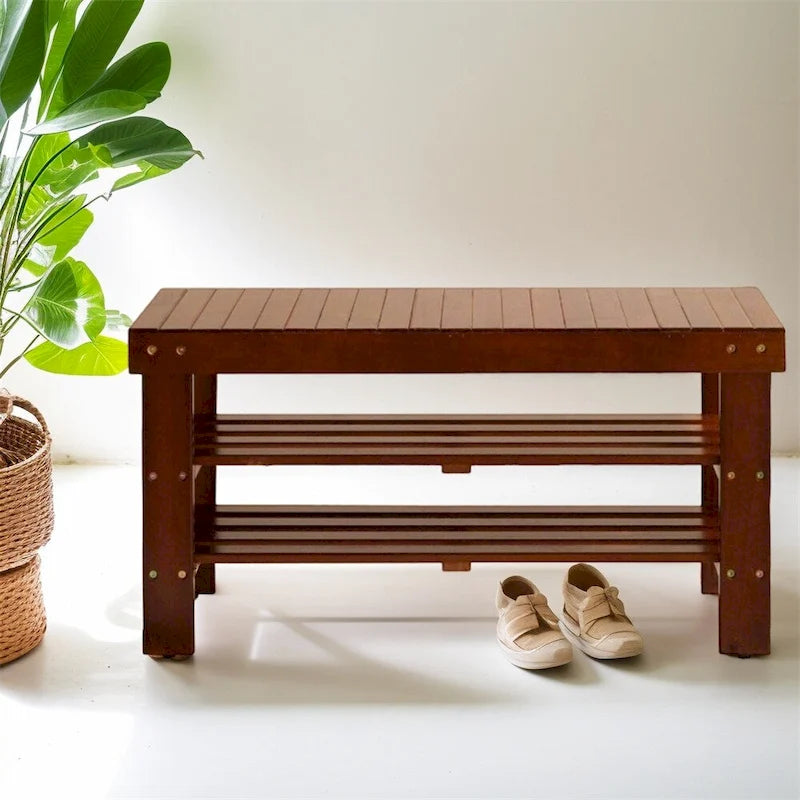 Cherry Finish Solid Wood Shoe Bench with Storage Shelves