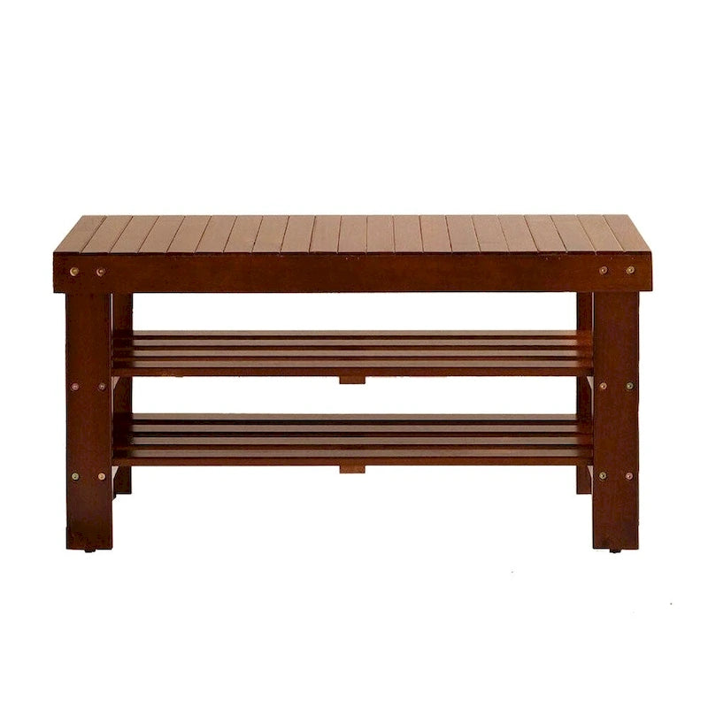 Cherry Finish Solid Wood Shoe Bench with Storage Shelves