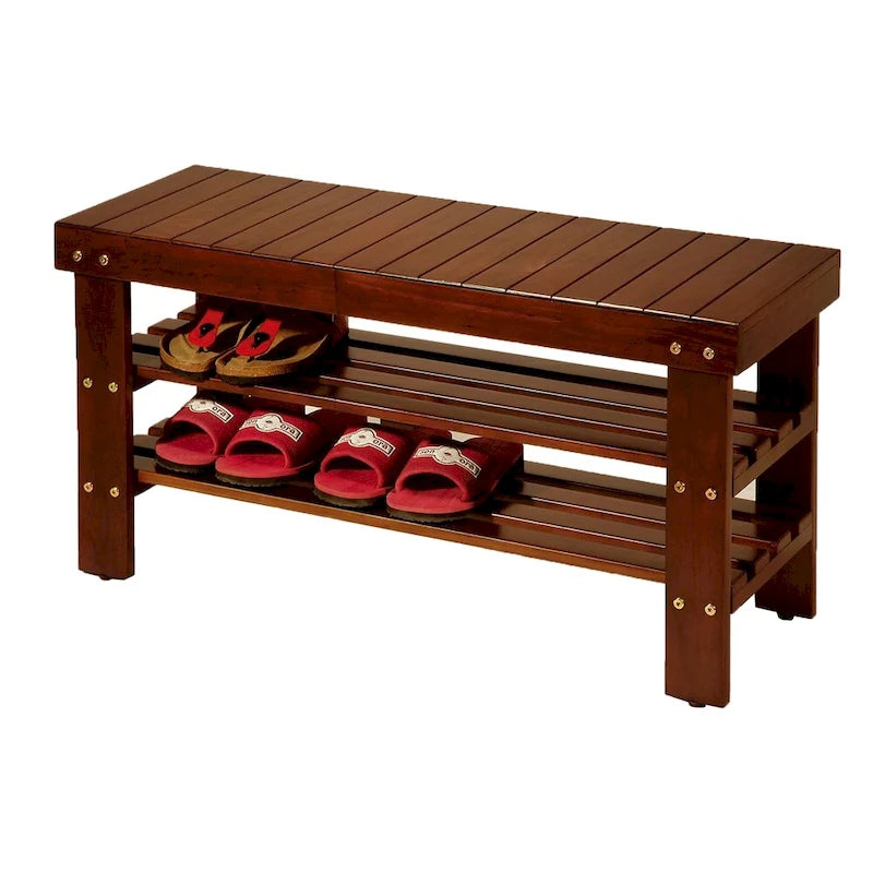 Cherry Finish Solid Wood Shoe Bench with Storage Shelves