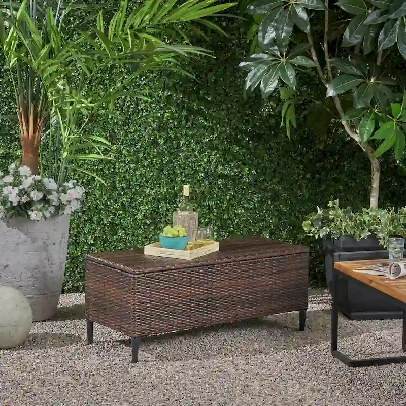 Outdoor Wicker Storage Bench with Lid, Brown Multi & Grey