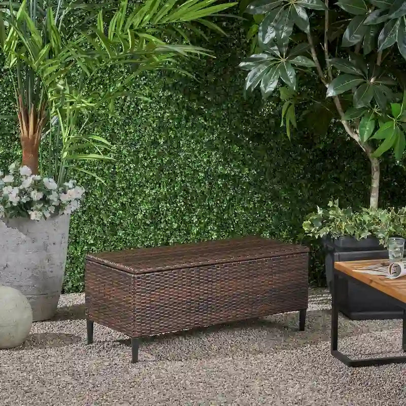 Outdoor Wicker Storage Bench with Lid, Brown Multi & Grey