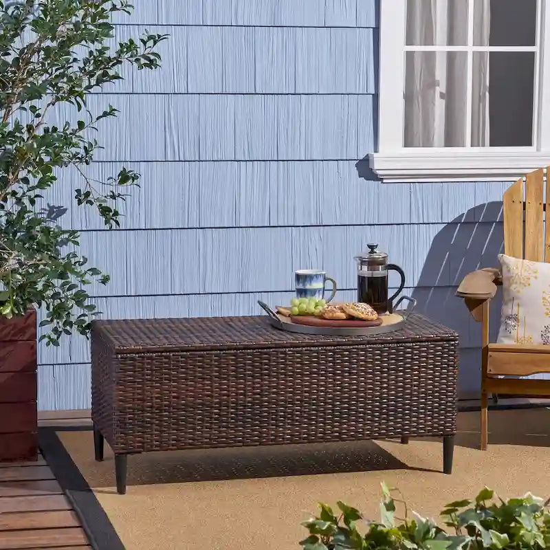 Outdoor Wicker Storage Bench with Lid, Brown Multi & Grey