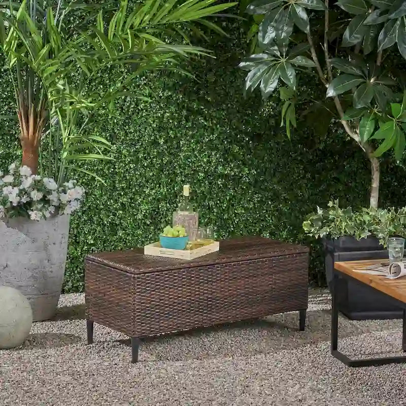 Outdoor Wicker Storage Bench with Lid, Brown Multi & Grey