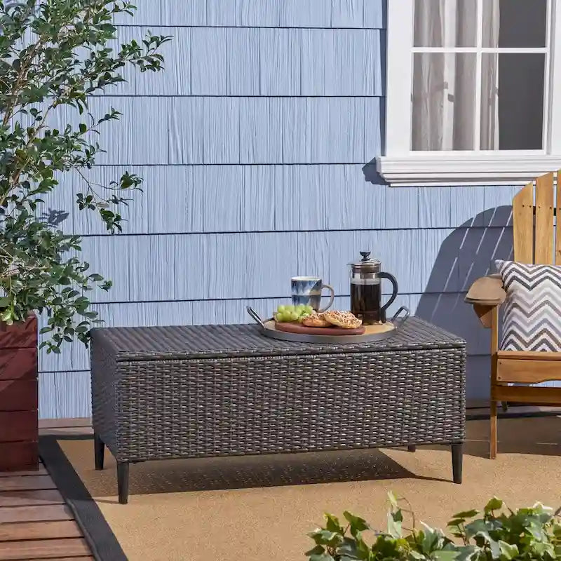Outdoor Wicker Storage Bench with Lid, Brown Multi & Grey