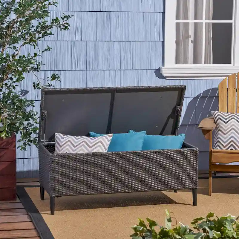 Outdoor Wicker Storage Bench with Lid, Brown Multi & Grey