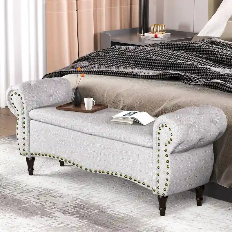 Tufted Storage Ottoman Bench with Rolled Arms Nailhead Trim Grey White