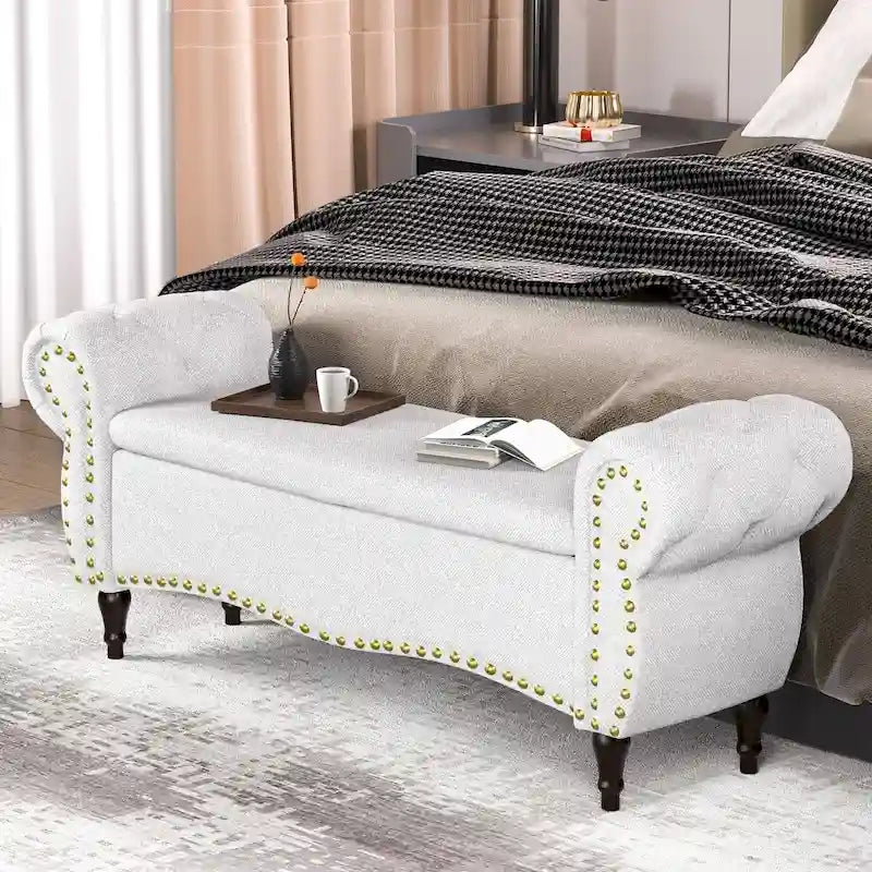 Banc de rangement capitonné avec accoudoirs roulés et clous décoratifs Gris Blanc