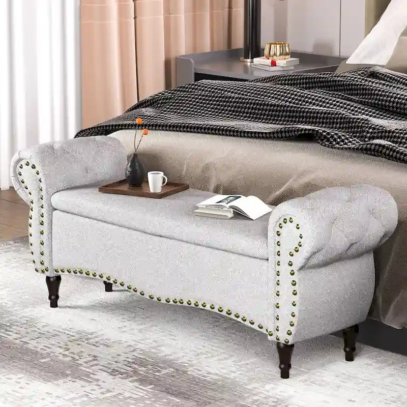 Tufted Storage Ottoman Bench with Rolled Arms Nailhead Trim Grey White