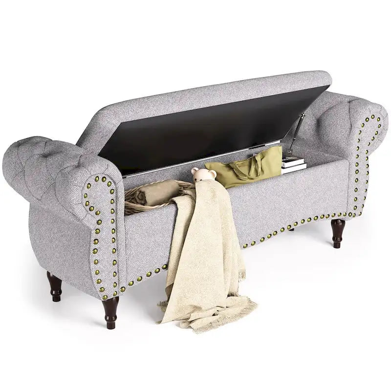 Tufted Storage Ottoman Bench with Rolled Arms Nailhead Trim Grey White