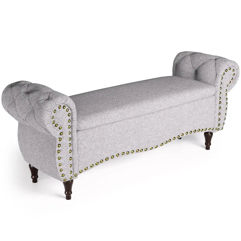 Tufted Storage Ottoman Bench with Rolled Arms Nailhead Trim Grey White