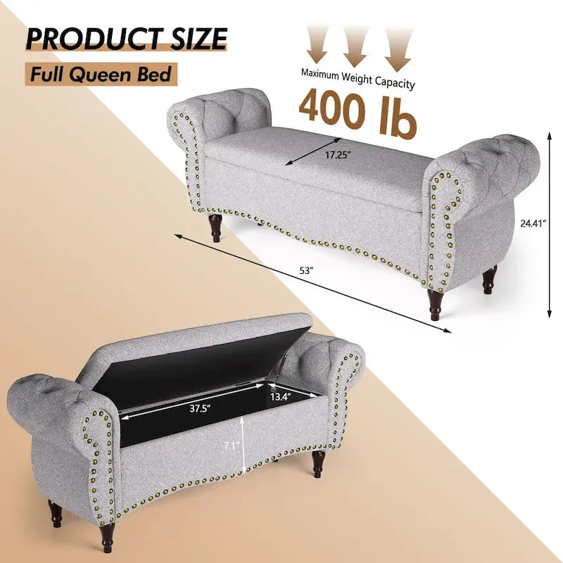 Tufted Storage Ottoman Bench with Rolled Arms Nailhead Trim Grey White