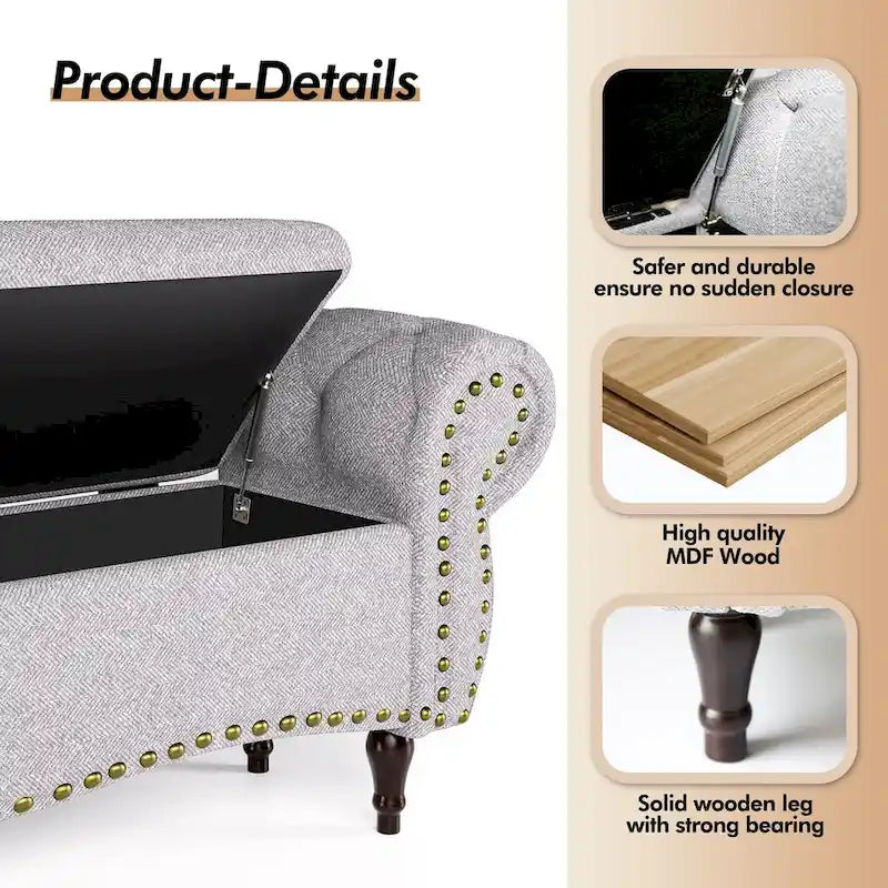 Tufted Storage Ottoman Bench with Rolled Arms Nailhead Trim Grey White
