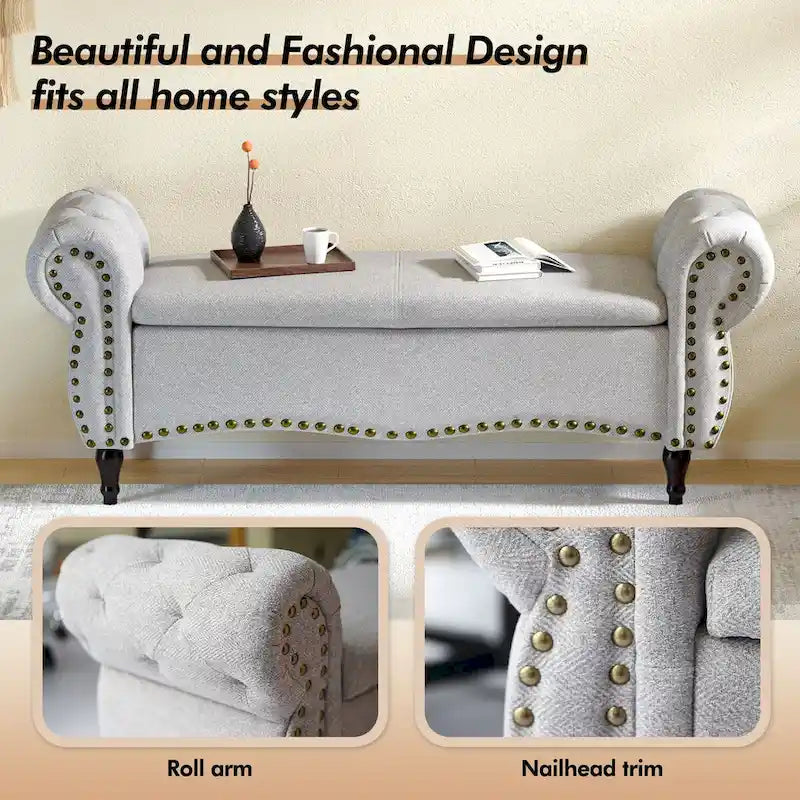 Tufted Storage Ottoman Bench with Rolled Arms Nailhead Trim Grey White
