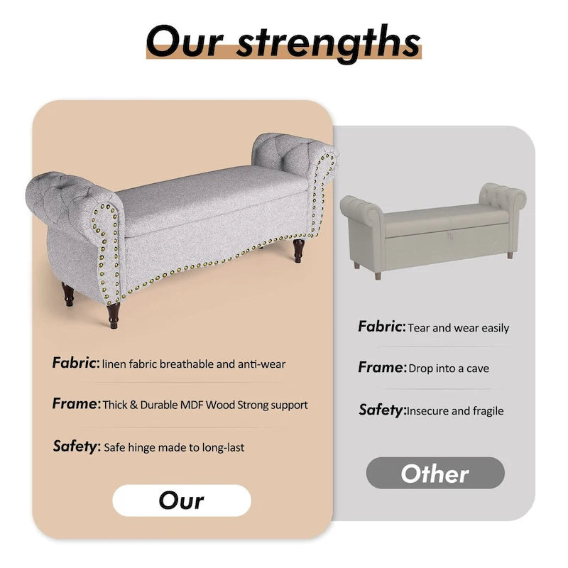 Tufted Storage Ottoman Bench with Rolled Arms Nailhead Trim Grey White