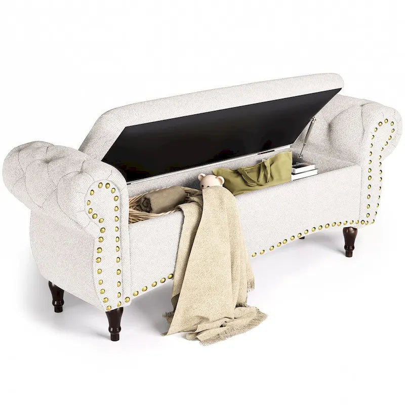 Tufted Storage Ottoman Bench with Rolled Arms Nailhead Trim Grey White