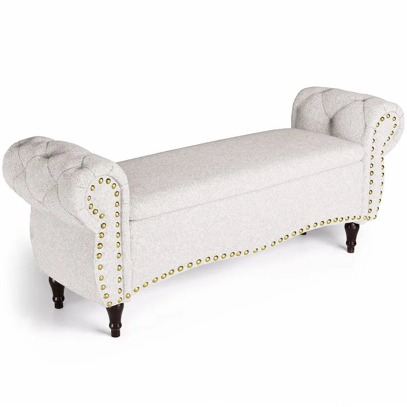 Tufted Storage Ottoman Bench with Rolled Arms Nailhead Trim Grey White