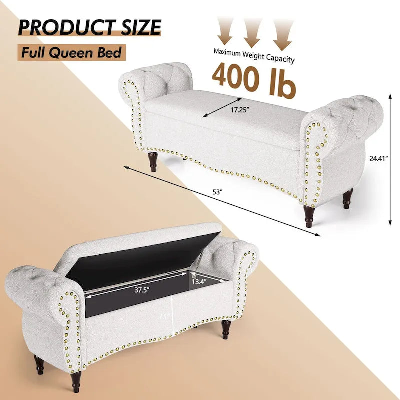 Tufted Storage Ottoman Bench with Rolled Arms Nailhead Trim Grey White