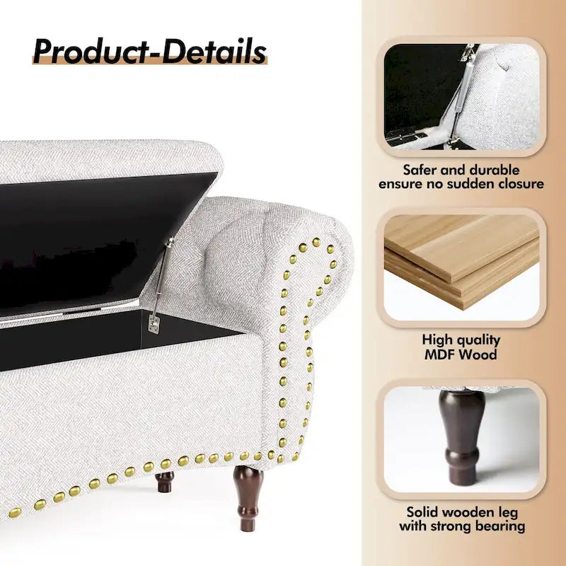Tufted Storage Ottoman Bench with Rolled Arms Nailhead Trim Grey White