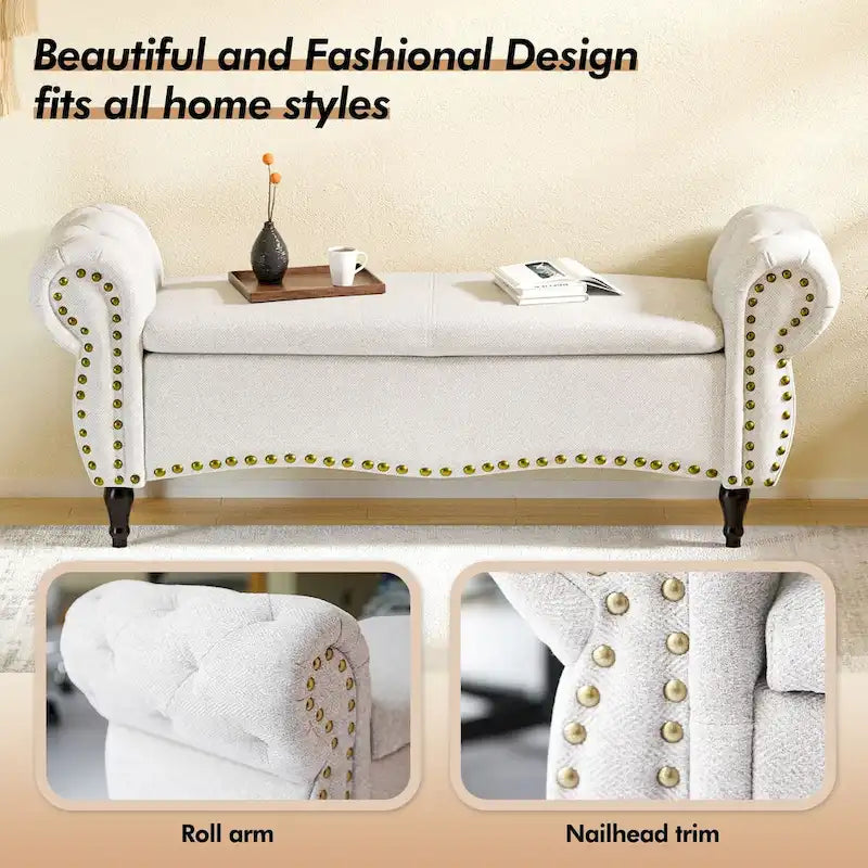 Tufted Storage Ottoman Bench with Rolled Arms Nailhead Trim Grey White