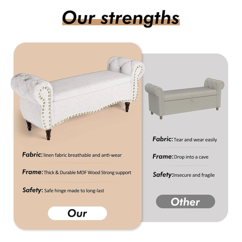 Tufted Storage Ottoman Bench with Rolled Arms Nailhead Trim Grey White