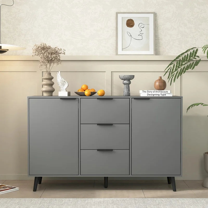 Gray & Natural Wood Sideboard Buffet Cabinet with 3 Drawers and 2 Doors