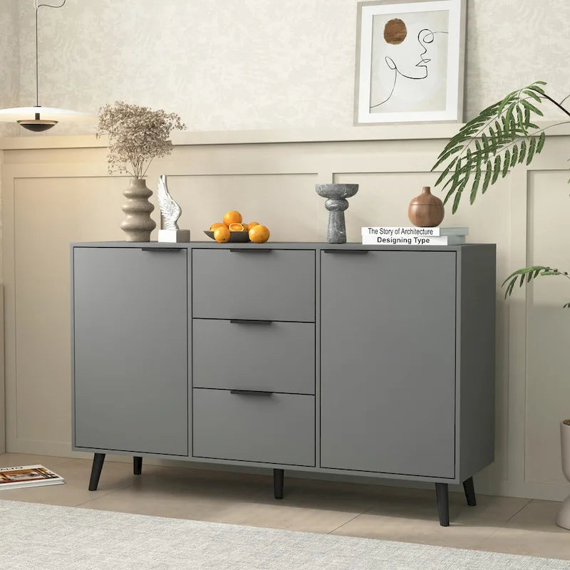 Gray & Natural Wood Sideboard Buffet Cabinet with 3 Drawers and 2 Doors