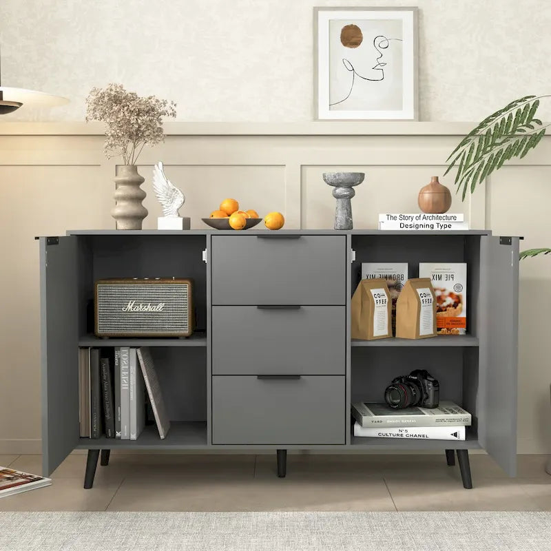 Gray & Natural Wood Sideboard Buffet Cabinet with 3 Drawers and 2 Doors