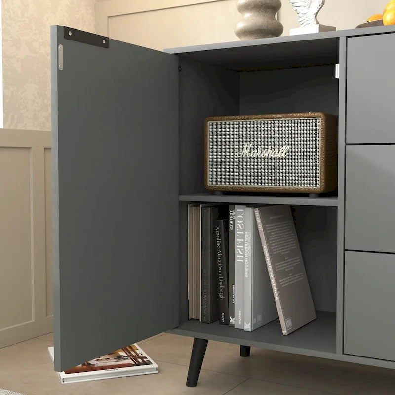 Gray & Natural Wood Sideboard Buffet Cabinet with 3 Drawers and 2 Doors